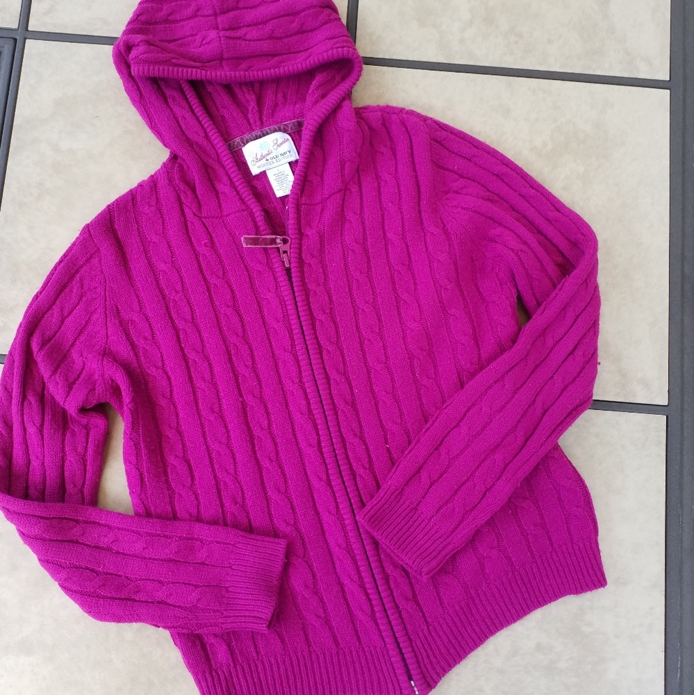 Old Navy SWEATER Jacket Dark Pink Zip Hooded  Size L Cable Knit